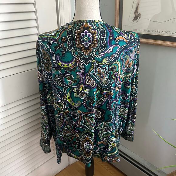 Joan Rivers Jacket Womens XL Green Paisley Slinky Knit Retro Bohemian Travel - Picture 4 of 8